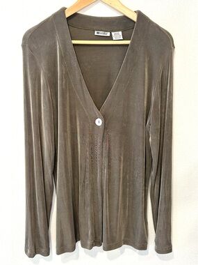 UNITS Vintage Olive Green Khaki Slinky Knit Cardigan Retro Preppy 80s 90s Size M